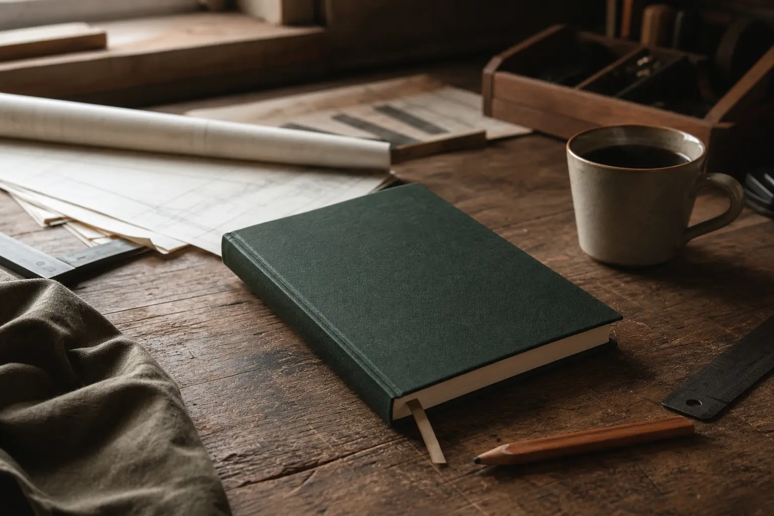 A deep green notebook, plans, ruler, pencil, and coffee arranged on a wooden workbench